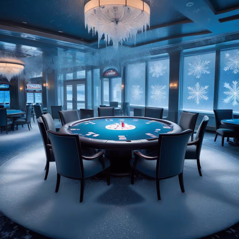 aroom Casino luxury poker lounge with icy-blue décor and snowflake-patterned windows, emphasizing elegance and trust