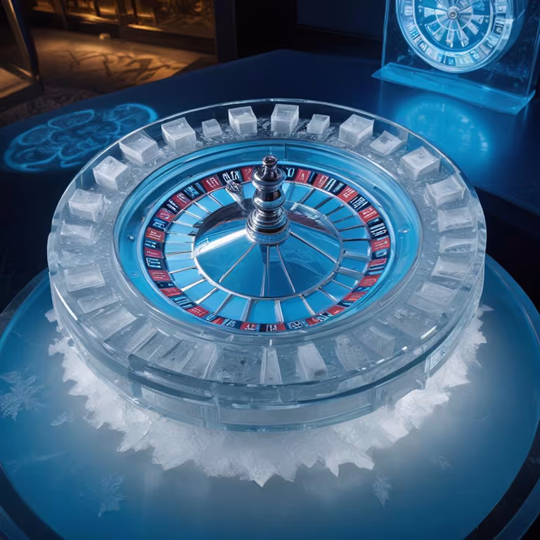 Taroom Casino featuring a crystal roulette wheel illuminated by icy blue lights, symbolizing precision and luxury