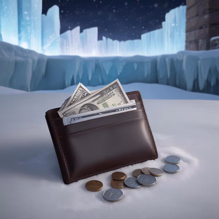 aroom Casino Sportsbook featuring a leather wallet with cash and coins resting on icy ground, symbolizing fast payouts and flexible banking