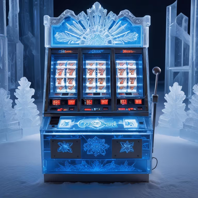 Taroom Casino displaying a classic slot machine crafted from ice with vibrant blue lighting and lucky 7 symbols.